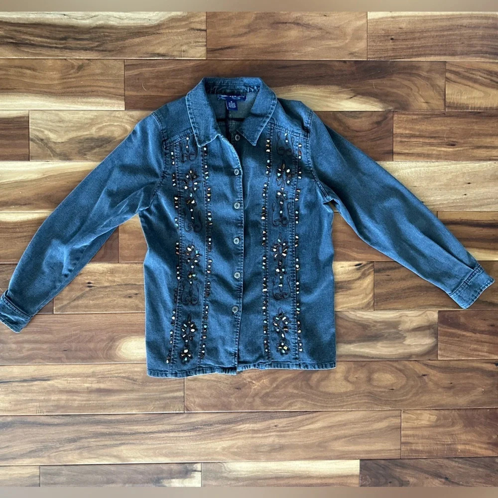 Susan Graver Stone Beaded Embellished Denim Jacket size Medium